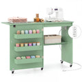 Folding Sewing Table with Charging Station, Rolling Craft Table w/ 3 Storage Trays & Shelf, Mobile Sewing Machine Cabinet for Small Spaces