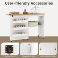 Folding Sewing Table with Charging Station, Rolling Craft Table w/ 3 Storage Trays & Shelf, Mobile Sewing Machine Cabinet for Small Spaces