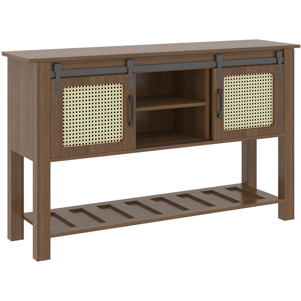 AECOJOY Buffet Cabinet, Coffee Bar Storage Cabinet, 46'' Coffee Bar Table with Rattan Sliding Barn Door, Adjustable Shelves and Bottom Open Shelf