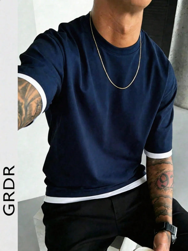 GRDR Men's Classic 2 In 1 Round Neck Short Sleeve T-Shirt, Fashionable Minimalist Commuting Versatile