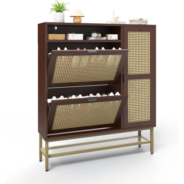 AECOJOY Rattan Shoe Cabinet with 3 Flip Drawers, Free Standing Shoe Storage Organizer with Adjustable Shelves, Fits 13 Shoes