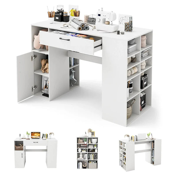 53" Counter Height Sewing Craft Table with 14 Storage Cubes, Large Drawer, Cabinet & Adjustable Shelf, 36" Artwork Workstation Drafting Writing Desk