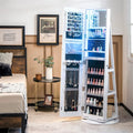 360° Swivel Jewelry Cabinet Armoire w/ Full Length Mirror 3-Color LED Lights & Rear Shelves, Lockable Standing Jewelry Storage Organizer