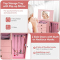 Standing Jewelry Armoire Cabinet with Flip Top Mirror, 4 Drawers, 8 Necklace Hooks & 2 Side Doors, Jewelry Storage Organizer Chest for Bedroom