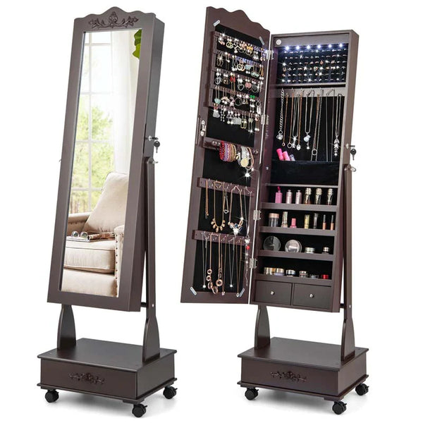 Standing Jewelry Armoire with Full-Length Mirror, Drawers, Lights & Wheels, Lockable Mirror Jewelry Cabinet Storage Organizer