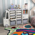 Truck-Shaped Kids Toy Storage Organizer with 11 Removable Bins, 2 Cabinets & Top Shelf, Toddler Bookshelf for Playroom & Kids Room