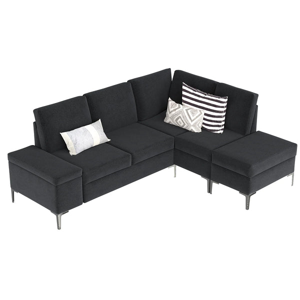 AECOJOY 87" Sectional Couch with Ottoman, Convertible Corner Couches with Armrest Storage, Black
