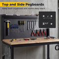 48" Heavy-Duty Workbench with AC/USB Outlets & Pegboard, 2000 LBS Max Load, Adjustable Height Rubberwood Top Tool Bench w/ Storage Shelf for Garage