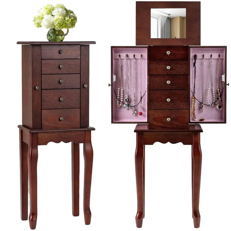 Standing Jewelry Armoire Cabinet with Flip Top Mirror, 4 Drawers, 8 Necklace Hooks & 2 Side Doors, Jewelry Storage Organizer Chest for Bedroom
