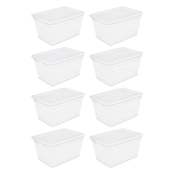 Sterilite Plastic Tote Box 58 qt Clear Stackable Container Storage with Lid Set of 8
