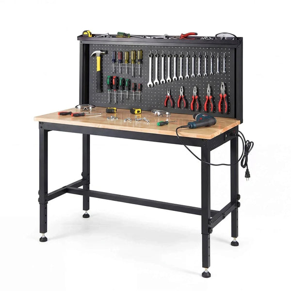 48" Heavy-Duty Workbench with AC/USB Outlets & Pegboard, 2000 LBS Max Load, Adjustable Height Rubberwood Top Tool Bench w/ Storage Shelf for Garage