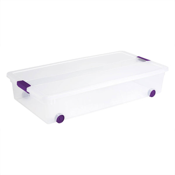 Sterilite Underbed Storage Bin with Purple Latch, Clear, 15 Gallon Capacity