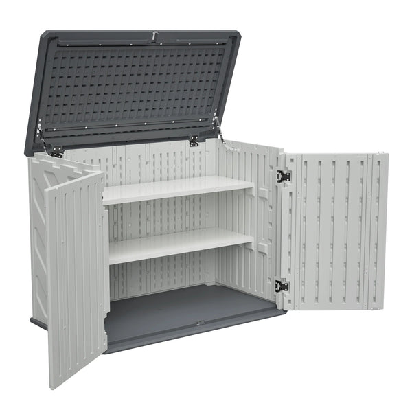 AECOJOY Horizontal Storage Shed with Removable Shelf, Lockable Outdoor Storage Cabinet – 28 Cu.ft, Ivory White