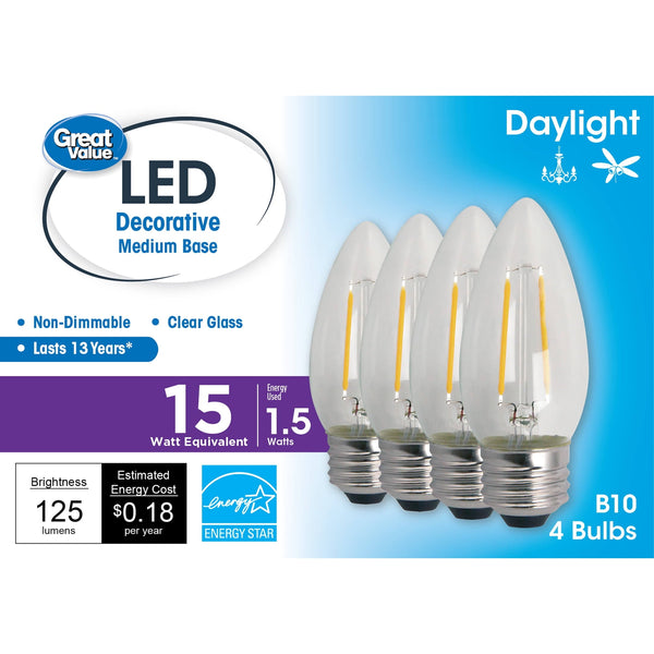 Great Value LED Light Bulb, 1.5W (15w Equivalent) B10 Deco Lamp E26 Medium Base, Non-Dimmable, Daylight, 4-Pack, Size: 4 Bulbs