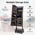 Standing Jewelry Armoire with Full-Length Mirror, Drawers, Lights & Wheels, Lockable Mirror Jewelry Cabinet Storage Organizer