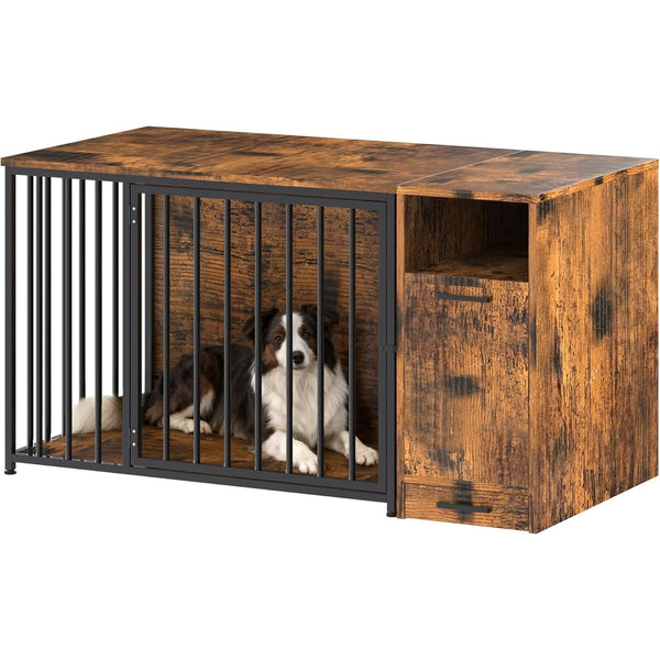 AECOJOY Dog Crate Furniture with Storage Cabinet, 42 Inch Wooden & Steel Decorative Indoor Kennel, Pet Cage End Table