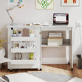 Folding Sewing Table with Charging Station, Rolling Craft Table w/ 3 Storage Trays & Shelf, Mobile Sewing Machine Cabinet for Small Spaces