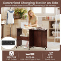 Folding Sewing Table with Charging Station, Rolling Craft Table w/ 3 Storage Trays & Shelf, Mobile Sewing Machine Cabinet for Small Spaces