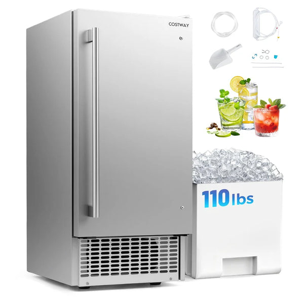 110 LBS/24H Commercial Ice Maker, 15" Built-in Undercounter Ice Machine with 25 LBS Storage & Reversible Door for Home Bar, Restaurant