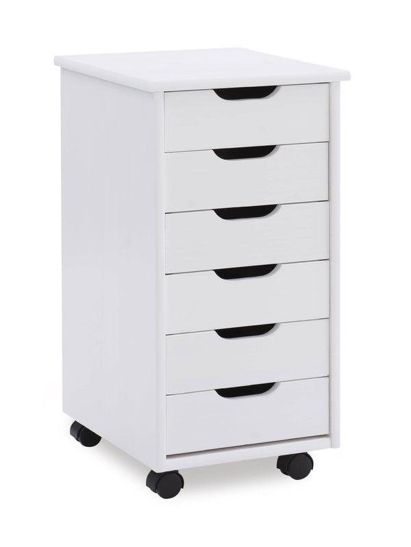 Linon Cary Six Drawer Rolling Storage Cart, White Wash