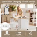 Folding Sewing Table with Charging Station, Rolling Craft Table w/ 3 Storage Trays & Shelf, Mobile Sewing Machine Cabinet for Small Spaces
