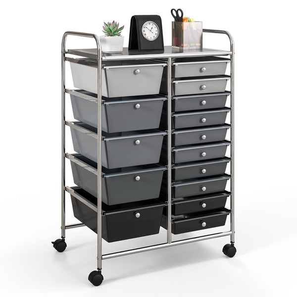Costway 15 Drawer Rolling Storage Cart Tools Scrapbook Paper Office School Organizer Gray