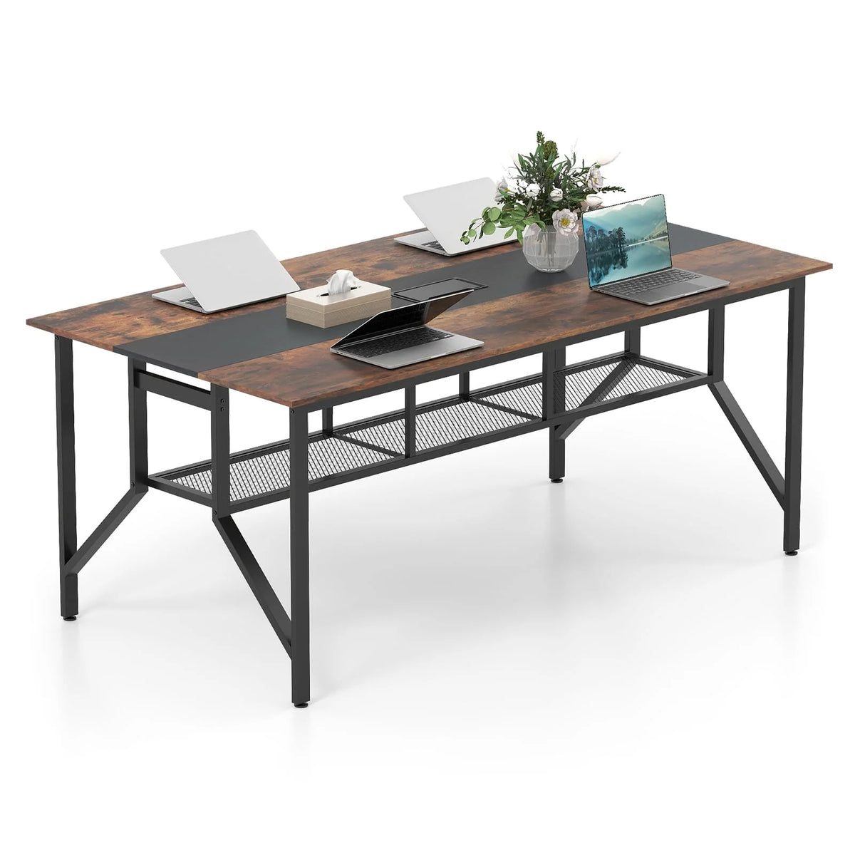 Tangkula  Rectangular Meeting Table with Mesh Storage Shelf & Cable Grommet for 6-8 People